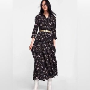 Zara Botton-Down Black Dandelion Long Sleeve Midi Dress 🌸